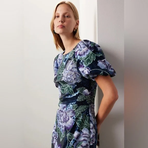 Marchesa Notte Floral Embroidered Puff Sleeve Sequin Midi Dress - Picture 3 of 11